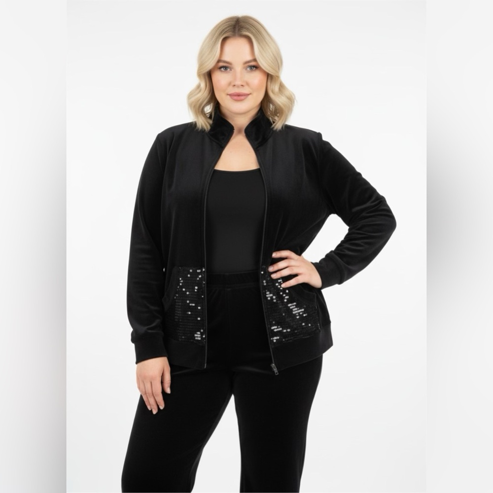 Liz&Me Y2K Velour Track Suit Women’s 1X Black Jacket Pant Set Retro Sequins 90’‎